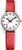 "Reloj de mujer con correa de cuero roja, esfera blanca y marcadores de hora negros"