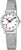 "Reloj de mujer con correa de malla plateada, esfera blanca e índices de barras negros"