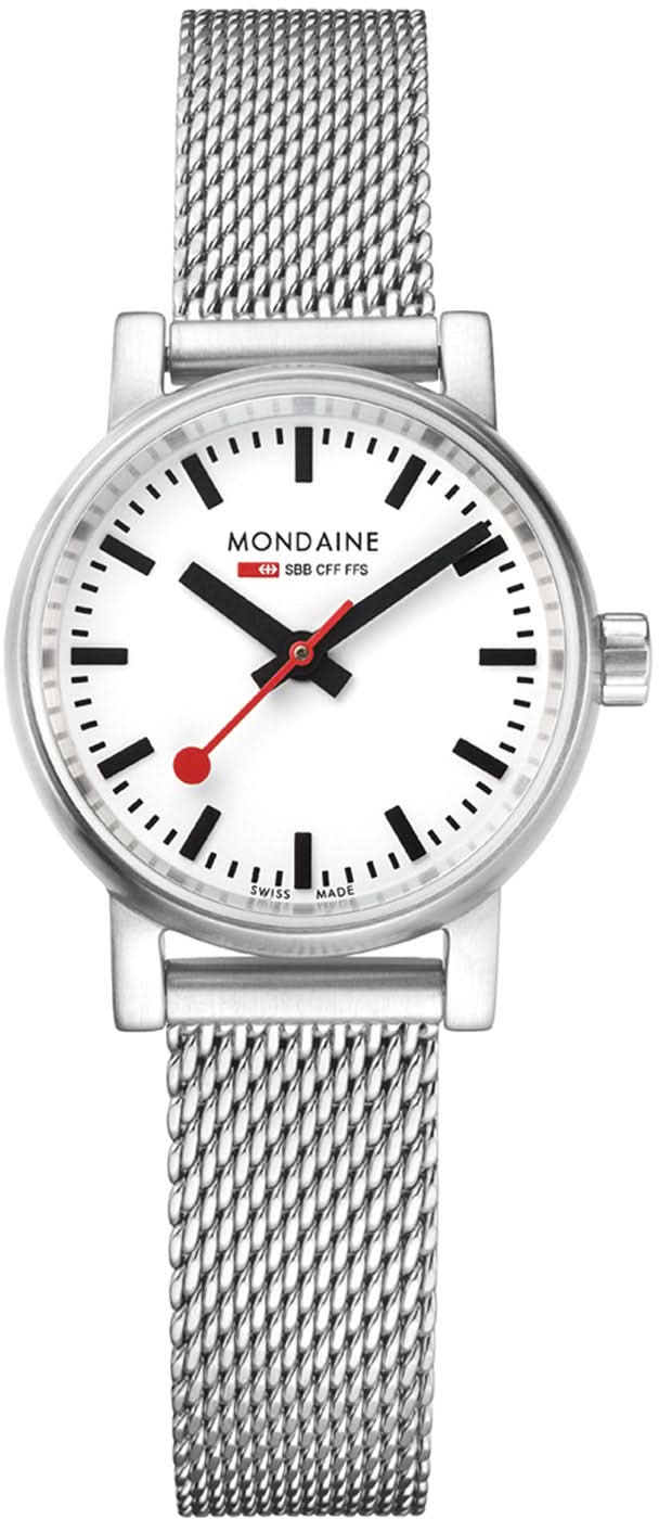 "Reloj de mujer con pulsera de malla plateada, esfera redonda blanca y manecillas rojas"