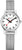 "Reloj de mujer con pulsera de malla plateada, esfera redonda blanca y manecillas rojas"