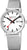Reloj unisex con esfera blanca, índices negros, segundero rojo y ventana de fecha