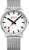 Reloj Mondaine para hombre con correa de malla plateada, esfera blanca y manecillas rojas