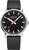 Reloj con esfera negra, caja plateada y correa de cuero negra.