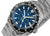 Reloj para hombre con esfera azul, bisel negro y marcador GMT amarillo.