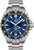 Reloj de hombre: esfera azul, indicador GMT, brazalete de acero y bisel negro.