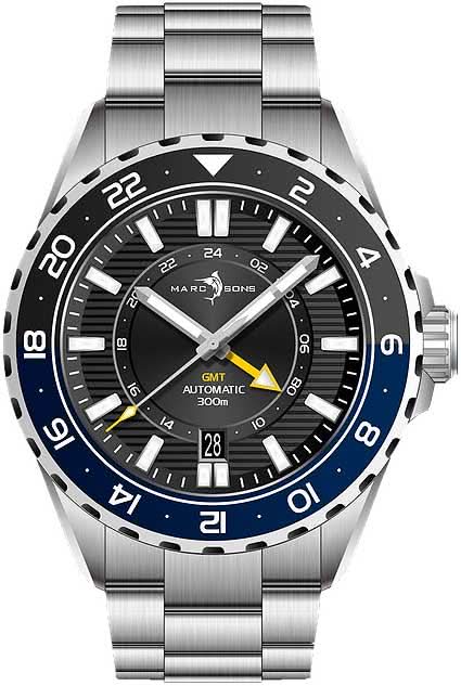 Reloj de hombre: esfera negra, bisel azul, correa de acero inoxidable, ventana de fecha