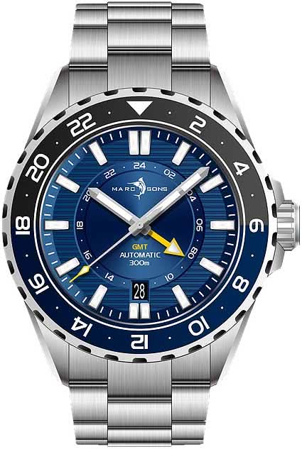Marc and Sons Reloj para hombre con esfera azul, bisel GMT y ventana de fecha, correa de acero