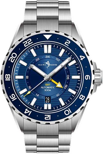 Reloj de hombre con esfera azul, indicador GMT y brazalete de eslabones de acero