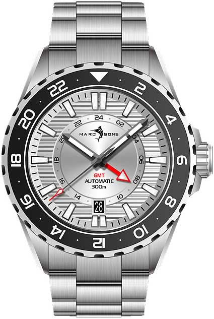 Reloj de hombre de acero con bisel negro, esfera plateada, manecilla GMT y ventana de fecha