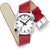 "Reloj de mujer con correa roja, hebilla plateada y esfera redonda blanca"