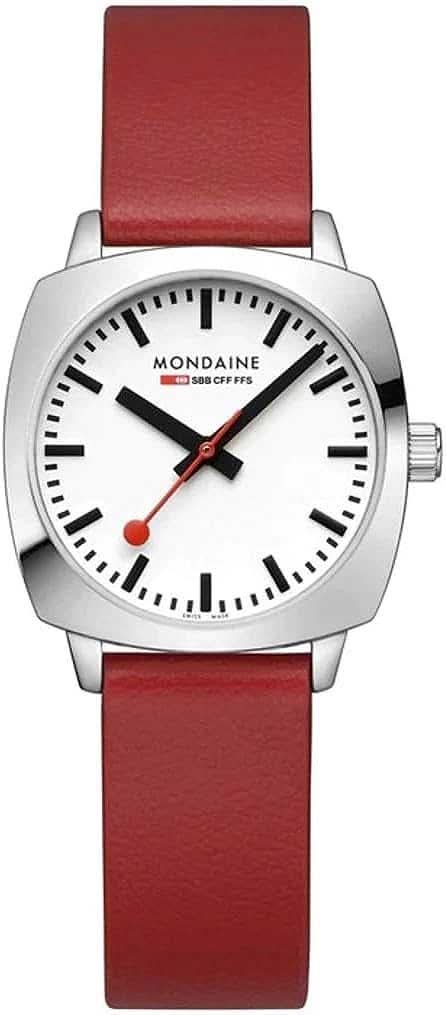 "Reloj de mujer con correa de cuero sintético rojo, caja plateada y esfera blanca"