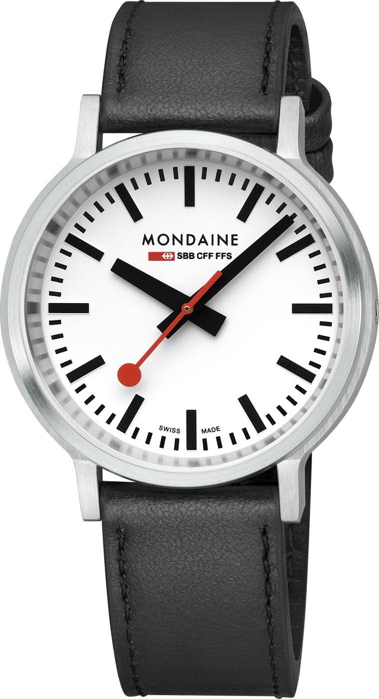 Reloj de hombre con correa de cuero negra, caja plateada y esfera blanca