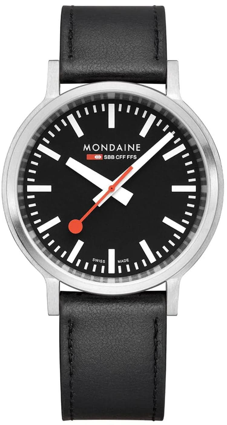 Reloj Mondaine Stop2Go con esfera negra, índice blanco y correa de cuero negra