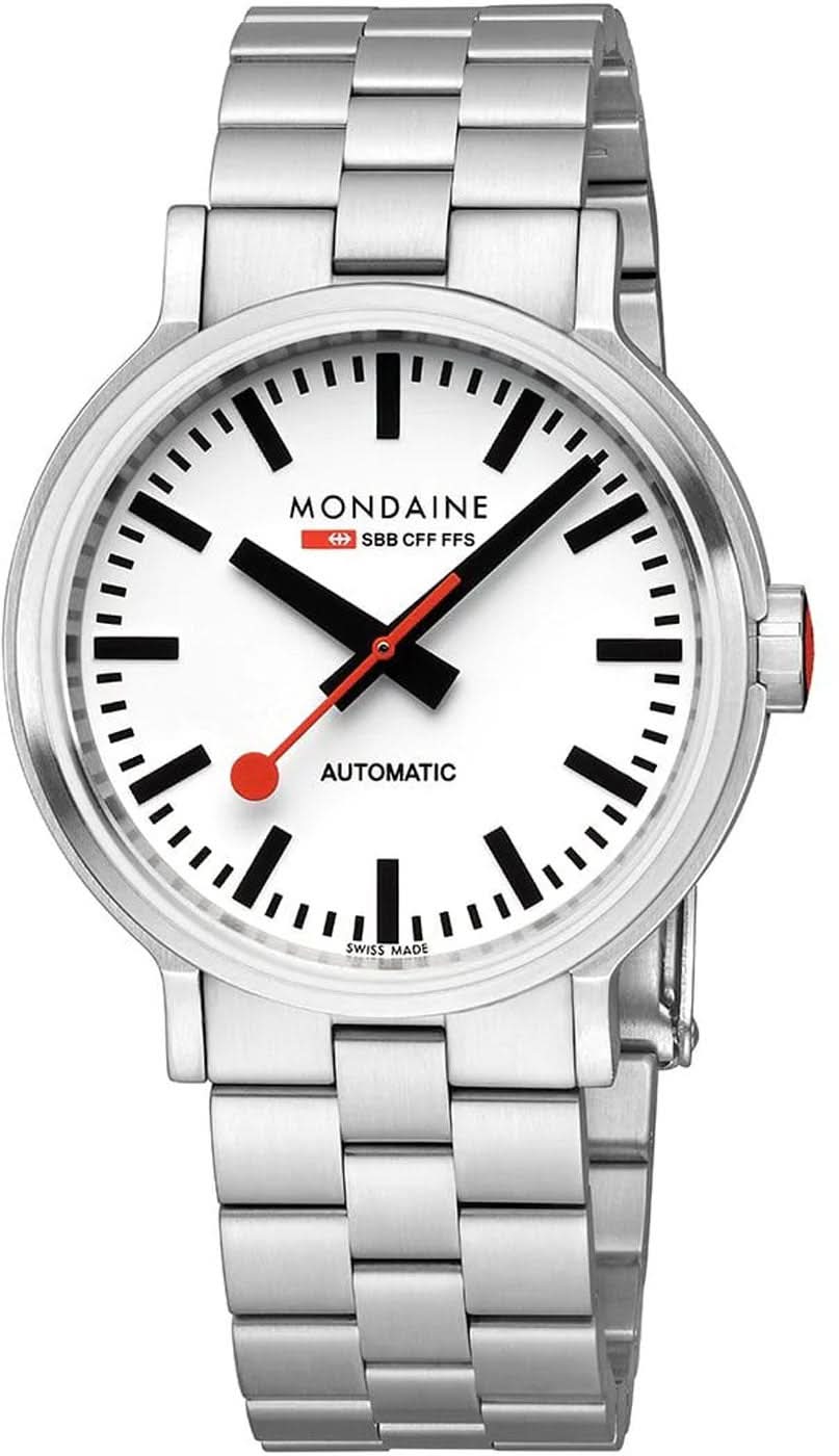 Reloj Mondaine para hombre con correa de acero inoxidable plateada y esfera blanca, automático