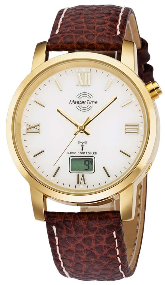 Reloj de hombre: caja dorada, esfera blanca con números romanos, correa de cuero marrón