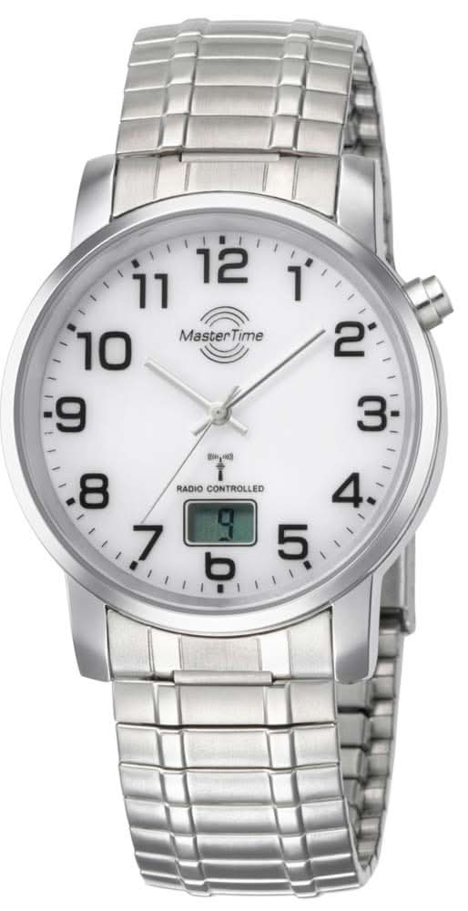 Reloj de radio para hombre con correa de metal plateado, esfera blanca y pantalla LCD