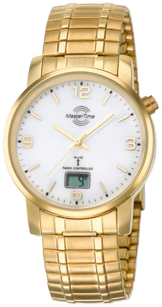 Reloj de pulsera para hombre Master Time con correa de acero inoxidable en tono dorado, esfera blanca y pantalla digital