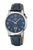 Reloj de hombre con esfera azul, caja plateada y correa de cuero azul