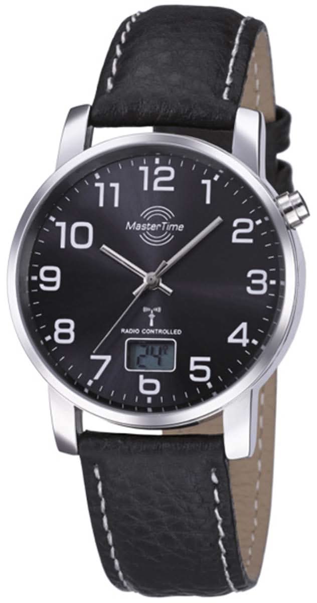 Reloj de hombre con esfera negra, correa de cuero y caja plateada, indicador de radio