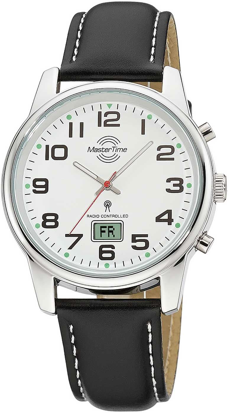Reloj MasterTime para hombre con correa de cuero negra y esfera plateada, visualización clara de la hora