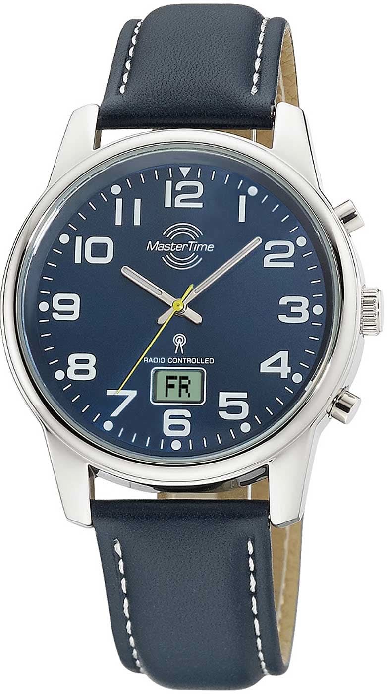 Reloj de hombre con esfera azul, caja plateada y correa de piel azul oscuro