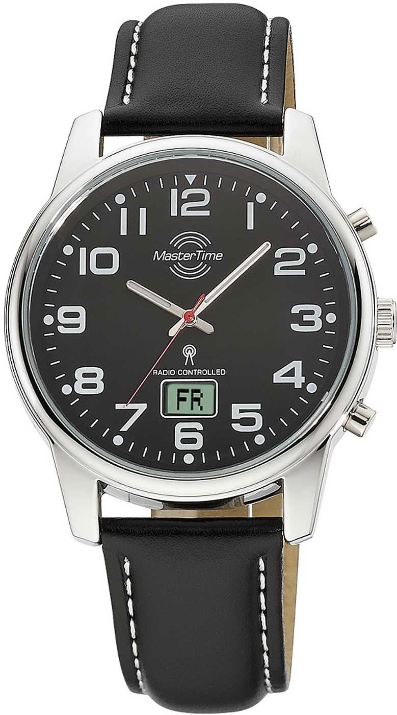 Pulsera de hombre con esfera negra, caja plateada y correa de cuero negra, hebilla de pasador