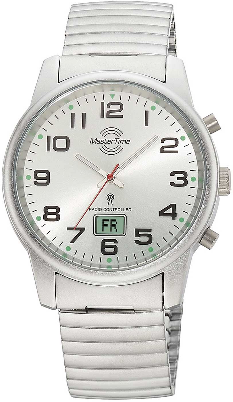Reloj de radiofrecuencia plateado para hombre con esfera blanca, números arábigos y visualización de fecha FR