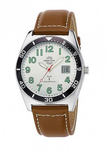 Pulsera de hombre con correa de cuero marrón y caja plateada, esfera verde