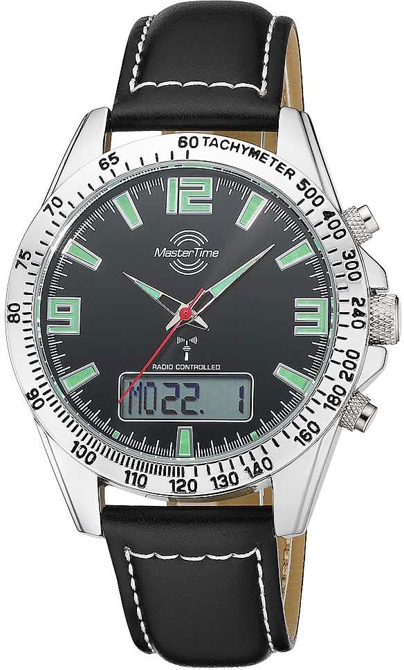 Reloj de hombre con correa de cuero negra, esfera negra con detalles verdes
