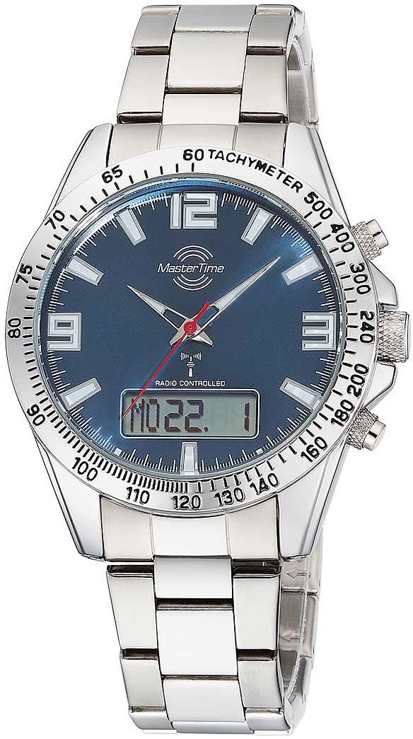 Pulsera de hombre con esfera azul, indicador de fecha y brazalete de metal plateado