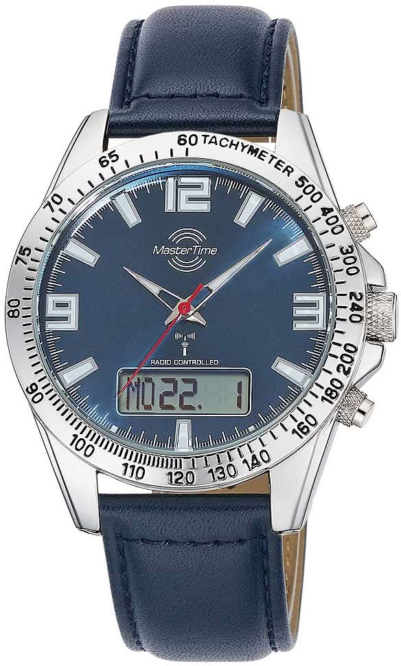 Pulsera de hombre con esfera azul, bisel taquímetro y correa de cuero