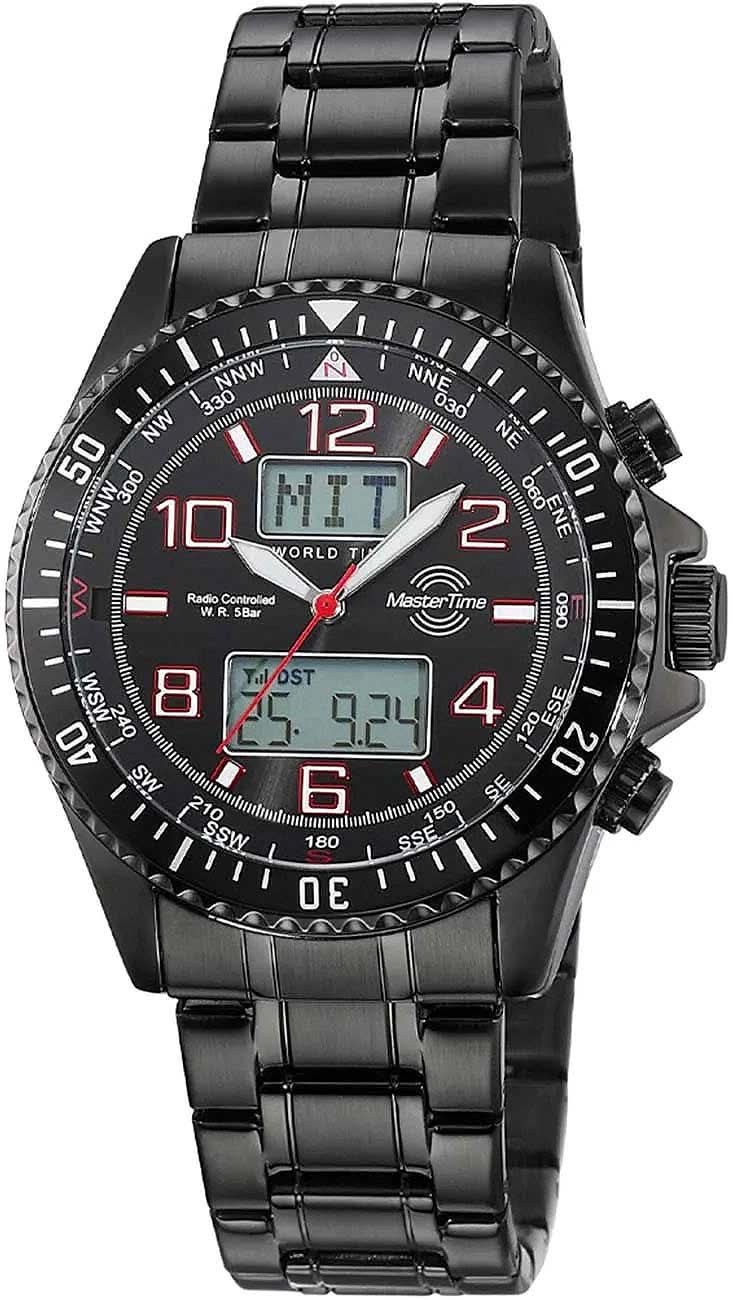 Reloj de radiofrecuencia para hombre en negro con correa de metal, manecillas analógicas y pantalla digital