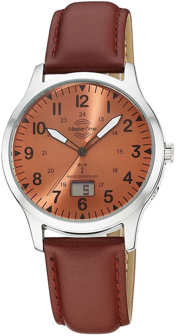 Reloj de hombre con correa de cuero marrón, esfera naranja y bisel plateado