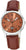 Reloj de hombre con correa de cuero marrón, esfera naranja y bisel plateado