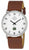 Reloj de hombre con esfera blanca, agujas negras y correa de cuero marrón