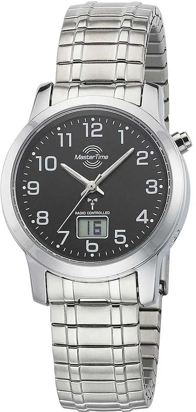 "Reloj de mujer con pulsera de metal plateado y esfera negra"