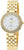 "Reloj de mujer con pulsera de metal dorado y bisel brillante, esfera blanca"