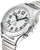 Reloj plateado para mujer, vista de cerca: esfera blanca con números grandes, icono de función de voz