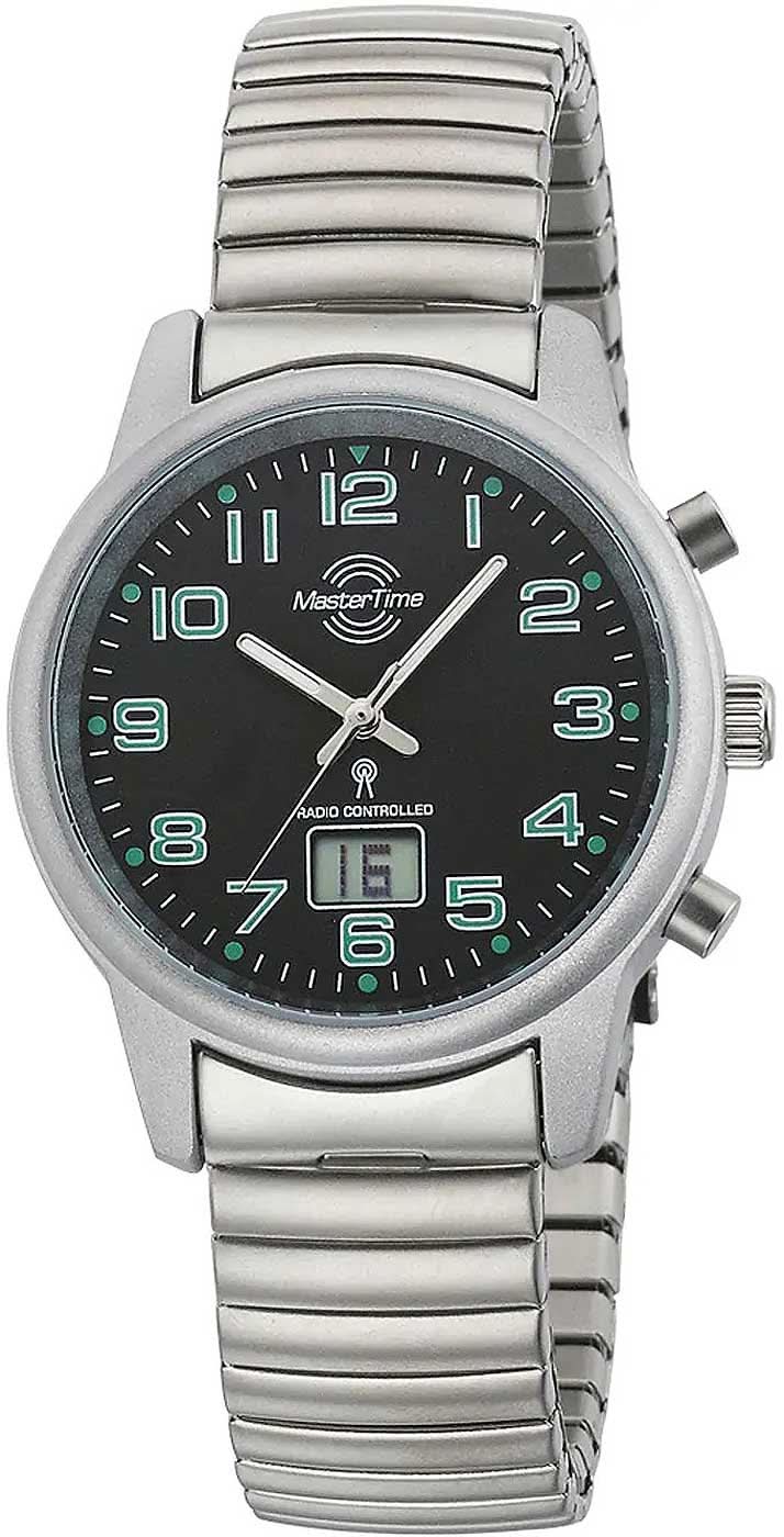 "Reloj de mujer con pulsera de metal plateado y esfera redonda negra con marcadores verdes"