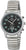 "Reloj de mujer con pulsera de metal plateado y esfera redonda negra con marcadores verdes"