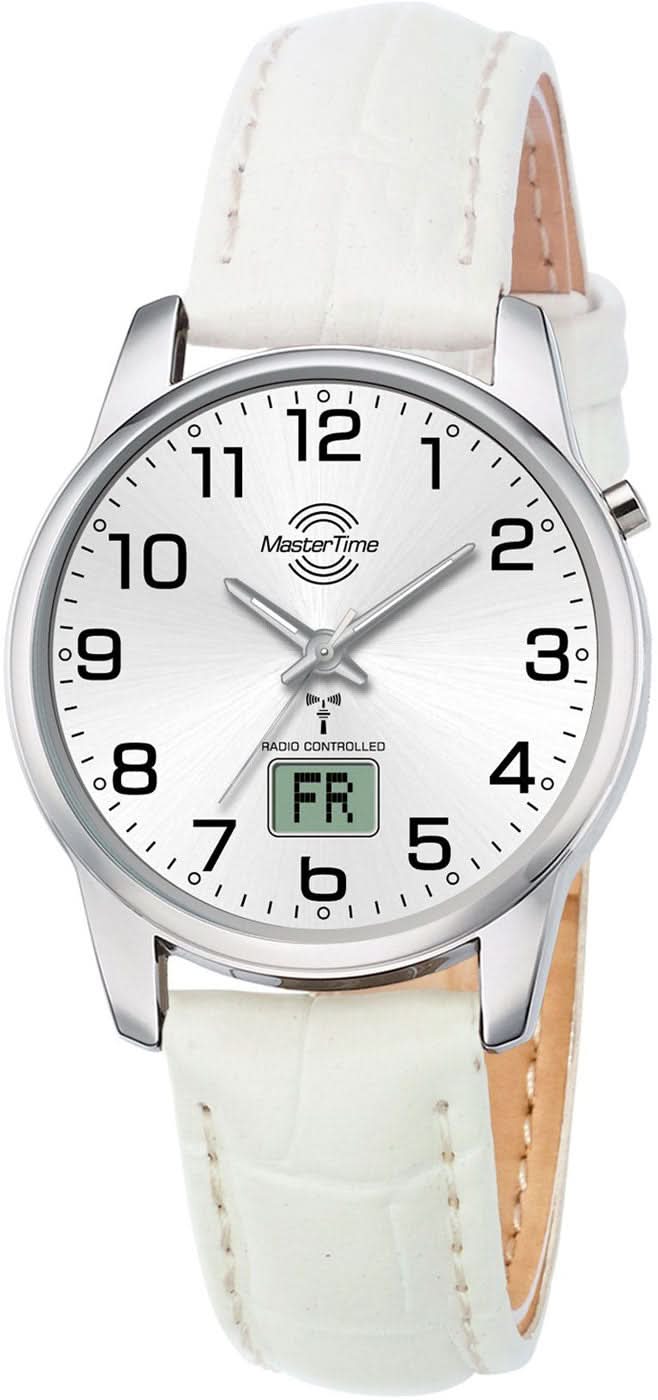 "Reloj de mujer con correa de cuero blanco, caja plateada y esfera analógica con FR"
