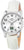 "Reloj de mujer con correa de cuero blanco, caja plateada y esfera analógica con FR"