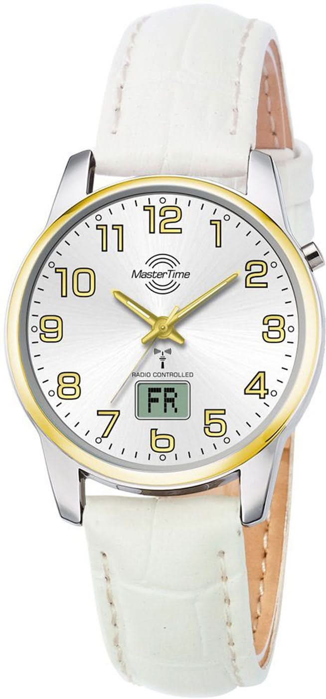 "Reloj de mujer con correa de cuero blanca, caja plateada y esfera con Master Time"