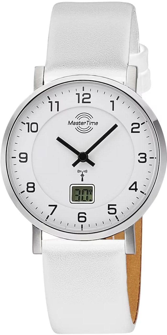 Reloj de mujer con correa de cuero blanco, caja plateada, esfera analógica y visualización de fecha