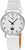 Reloj de mujer con correa de cuero blanco, caja plateada, esfera analógica y visualización de fecha