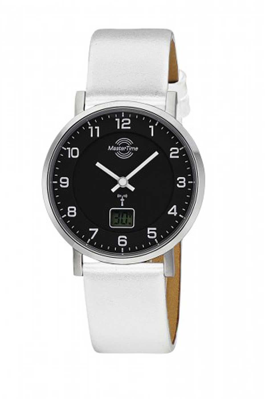 "Reloj de mujer con esfera negra, caja plateada y correa de cuero blanca, delgado"