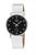 "Reloj de mujer con esfera negra, caja plateada y correa de cuero blanca, delgado"