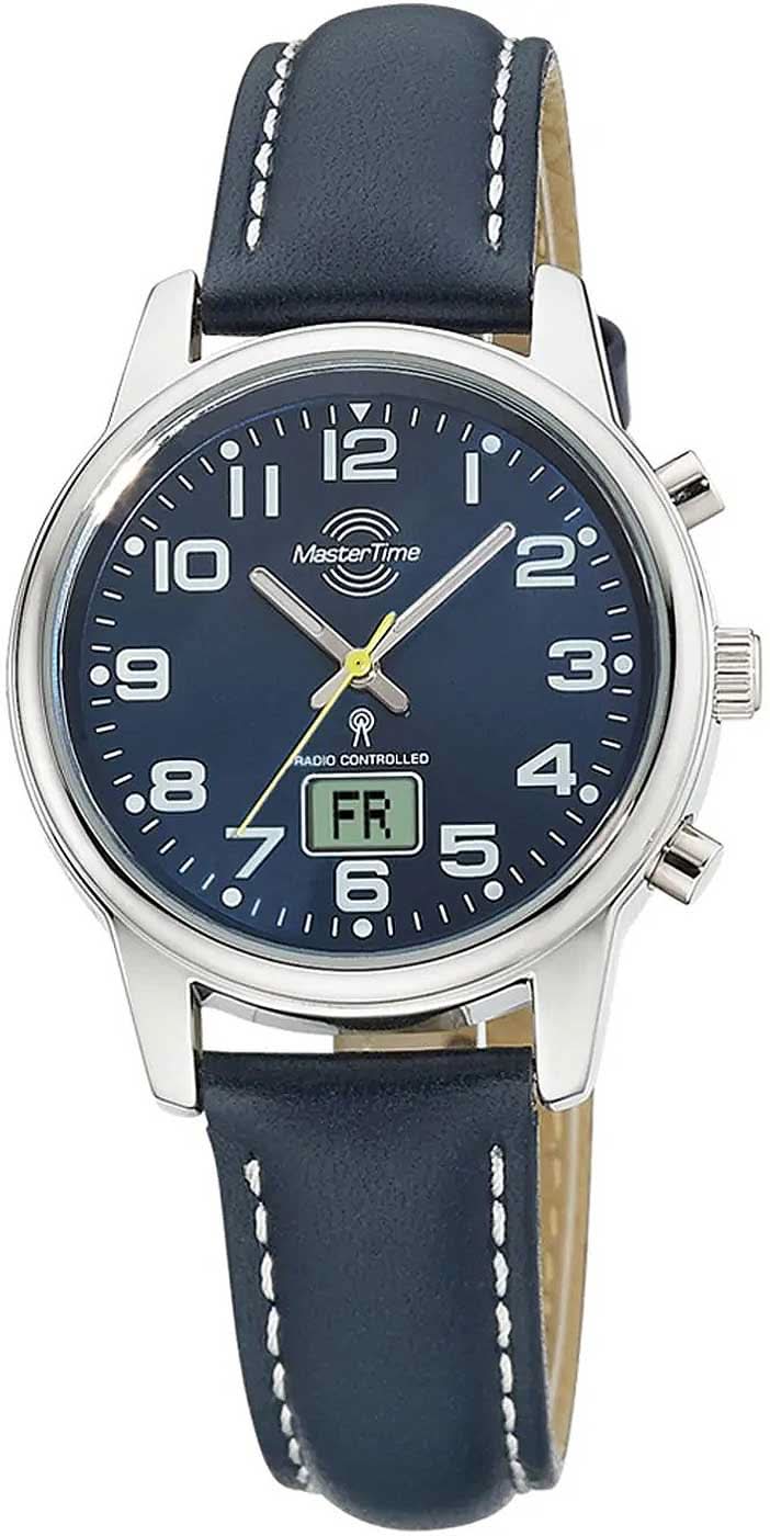 "Reloj de mujer: correa de cuero azul, esfera redonda azul oscuro, caja de acero"
