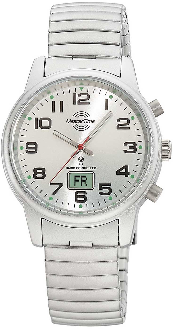 "Reloj de mujer con correa de acero inoxidable plateado, esfera blanca y manecillas rojas"