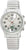 "Reloj de mujer con correa de acero inoxidable plateado, esfera blanca y manecillas rojas"